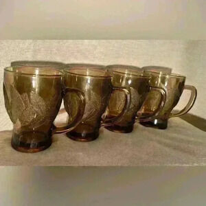 Vintage Smoky Brown Taupe  Indonesia KIG Leaf Pattern Glass Coffee Mugs (4)